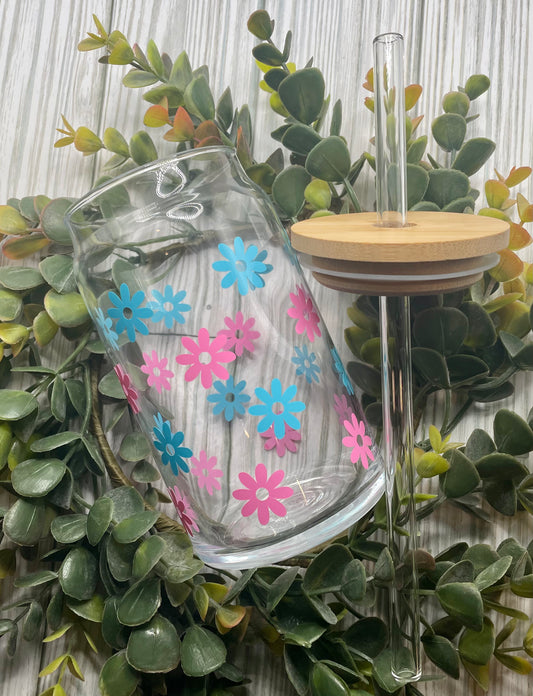 Pink & Blue Flowers Glass Cup, Iced Coffee Cup, Beer Can Glass Cup, Glass Coffee Cup