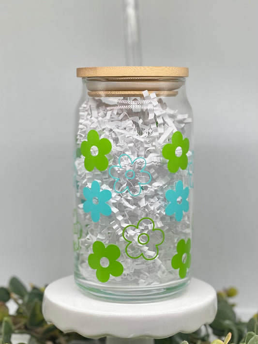 Retro Green & Blue Flowers Glass Cup