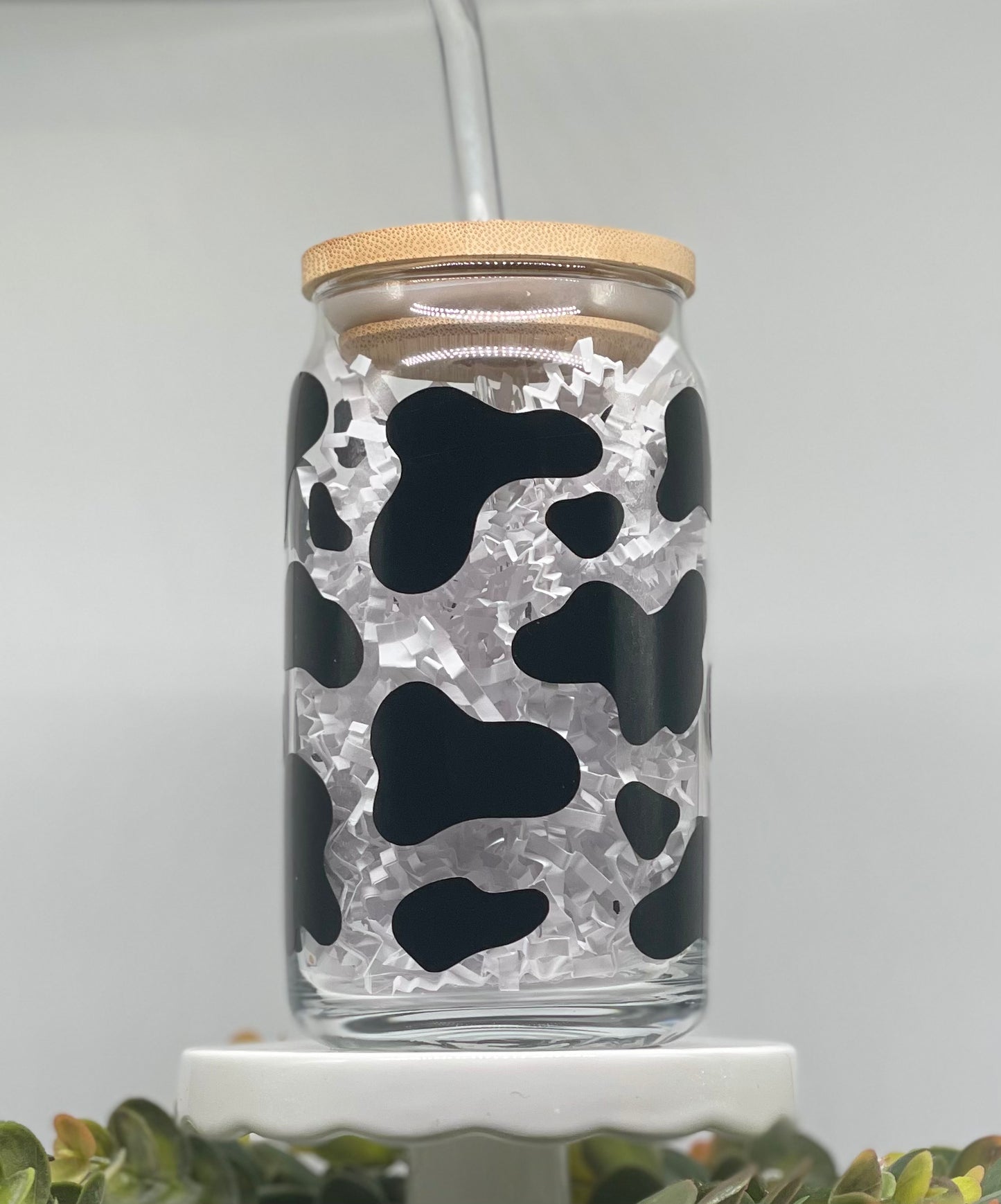 Cow Print Glass Cup, Glass Can, Libbey Glass, Beer Can