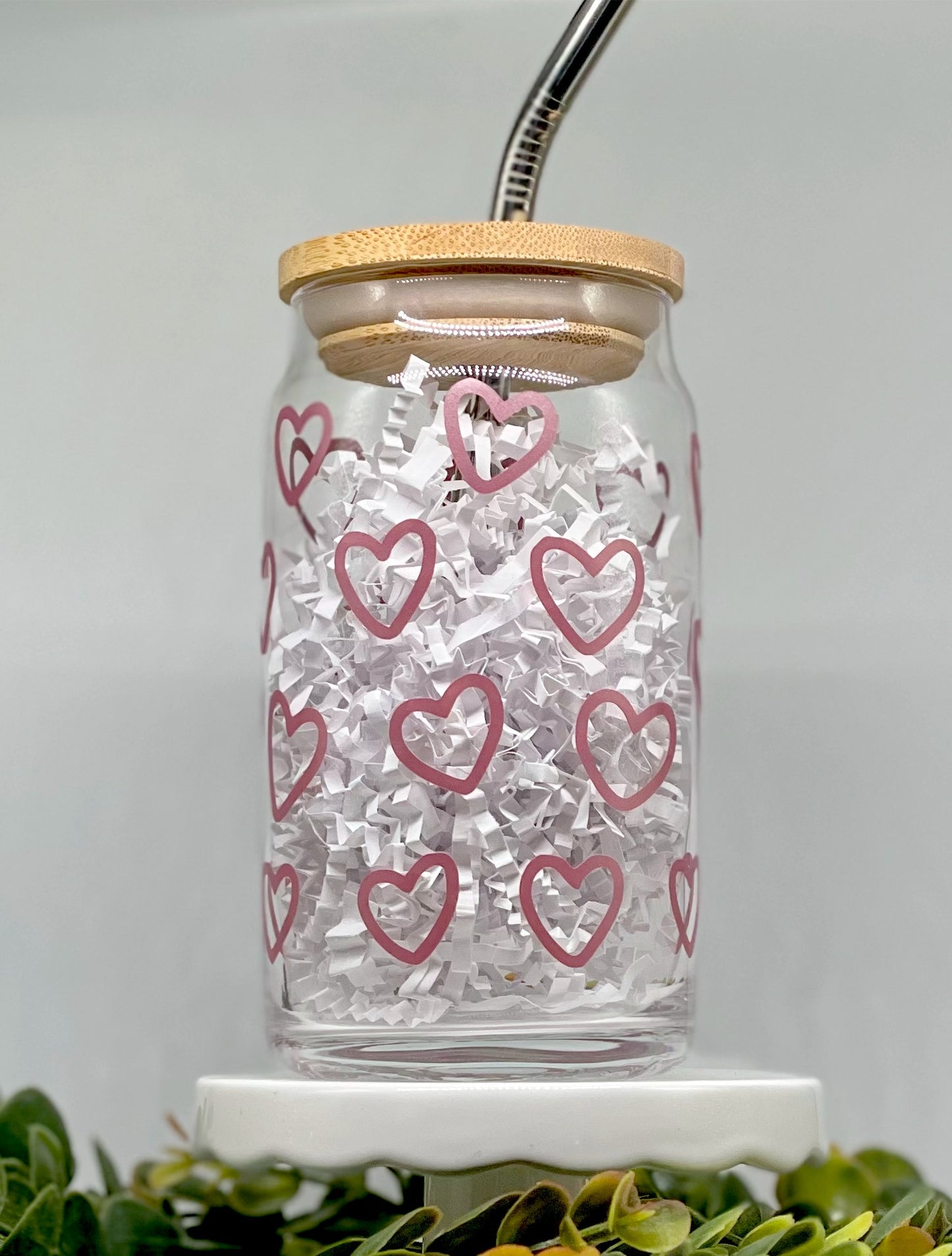 Hearts Glass Cup, Valentines Cup, Iced Coffee Cup, Beer Can