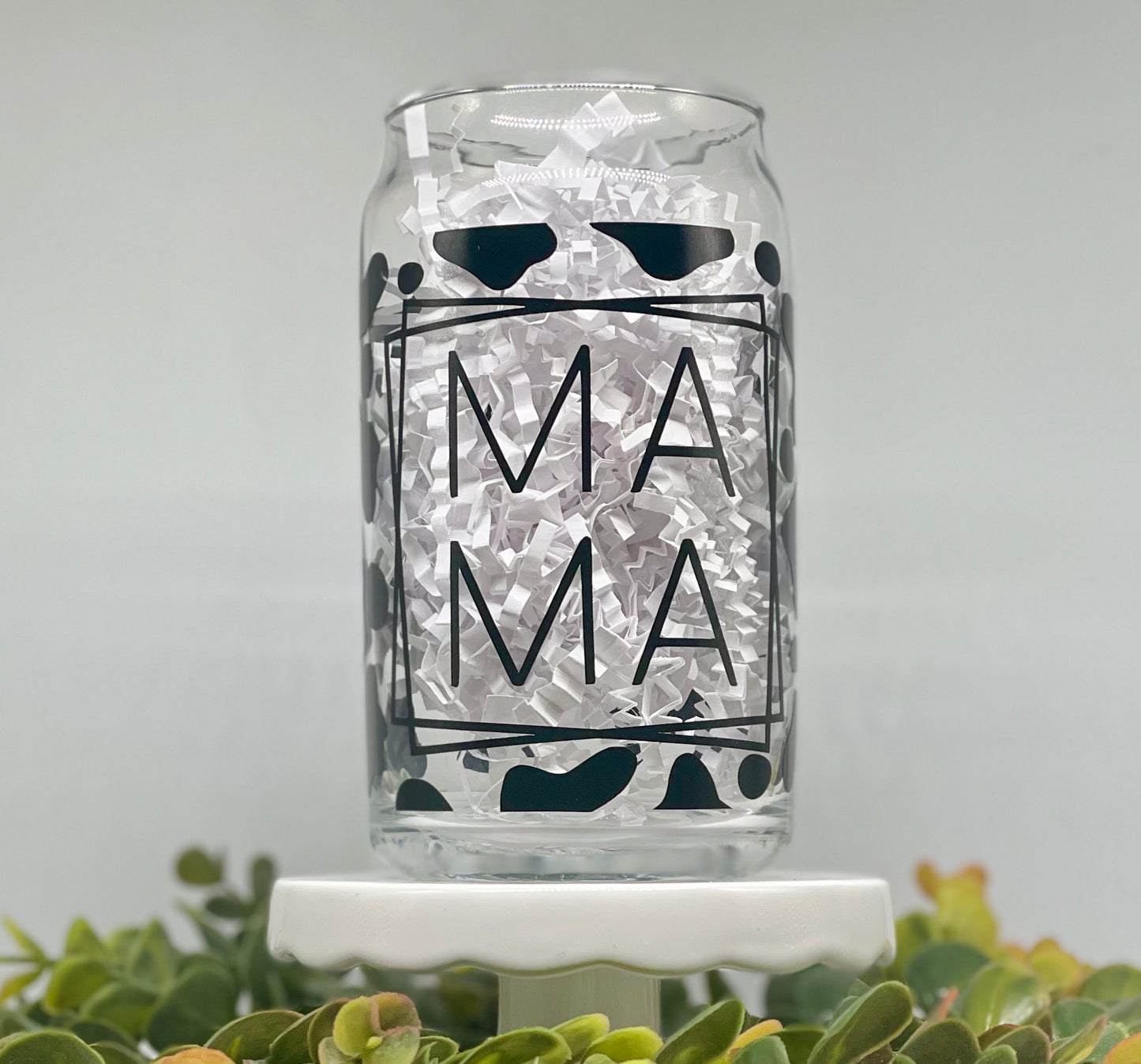 MAMA Cow Print Glass Cup, Glass Can, Libbey Glass, Beer Can