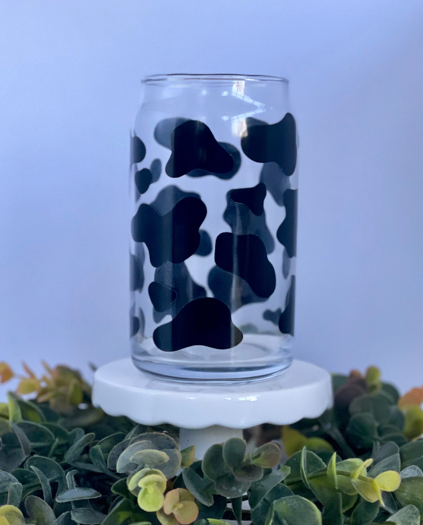 Cow Print Glass Cup, Glass Can, Libbey Glass, Beer Can