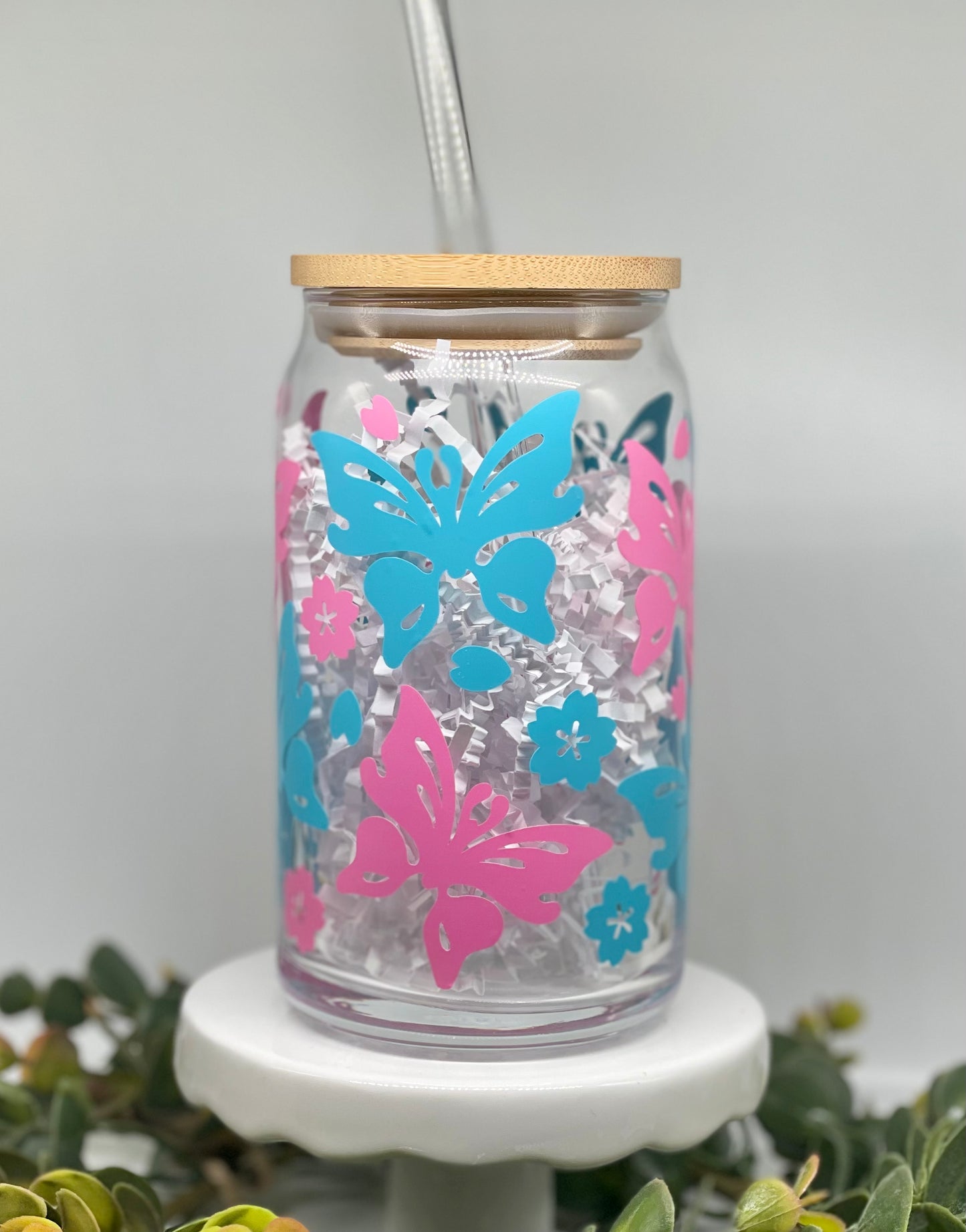 Pink & Blue Butterflies Glass Cup