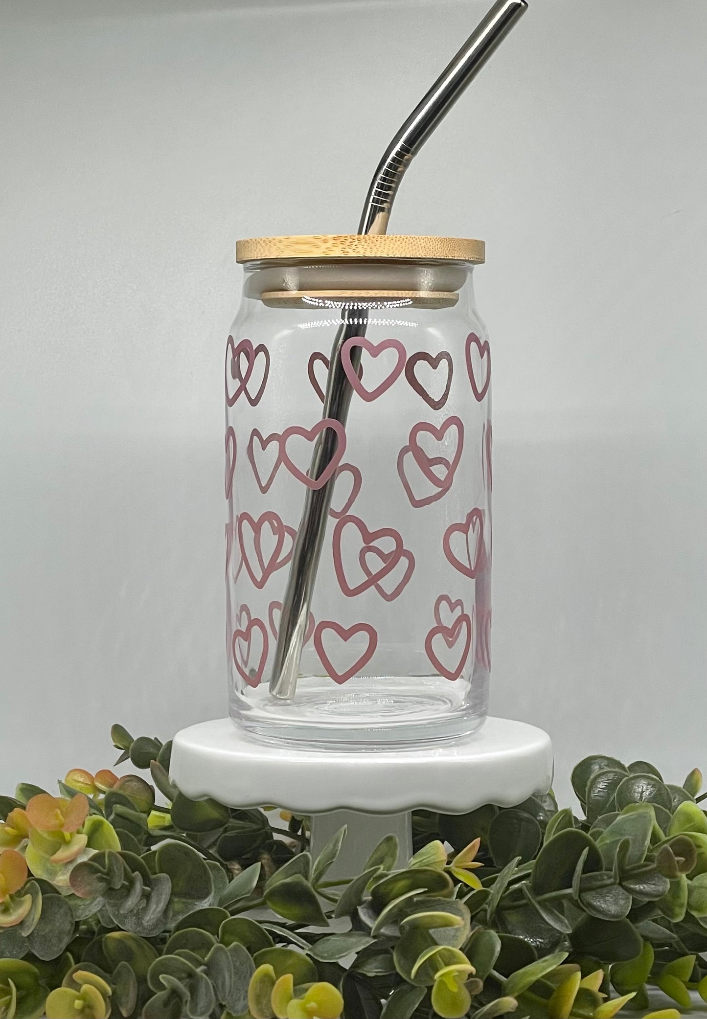 Hearts Glass Cup, Valentines Cup, Iced Coffee Cup, Beer Can