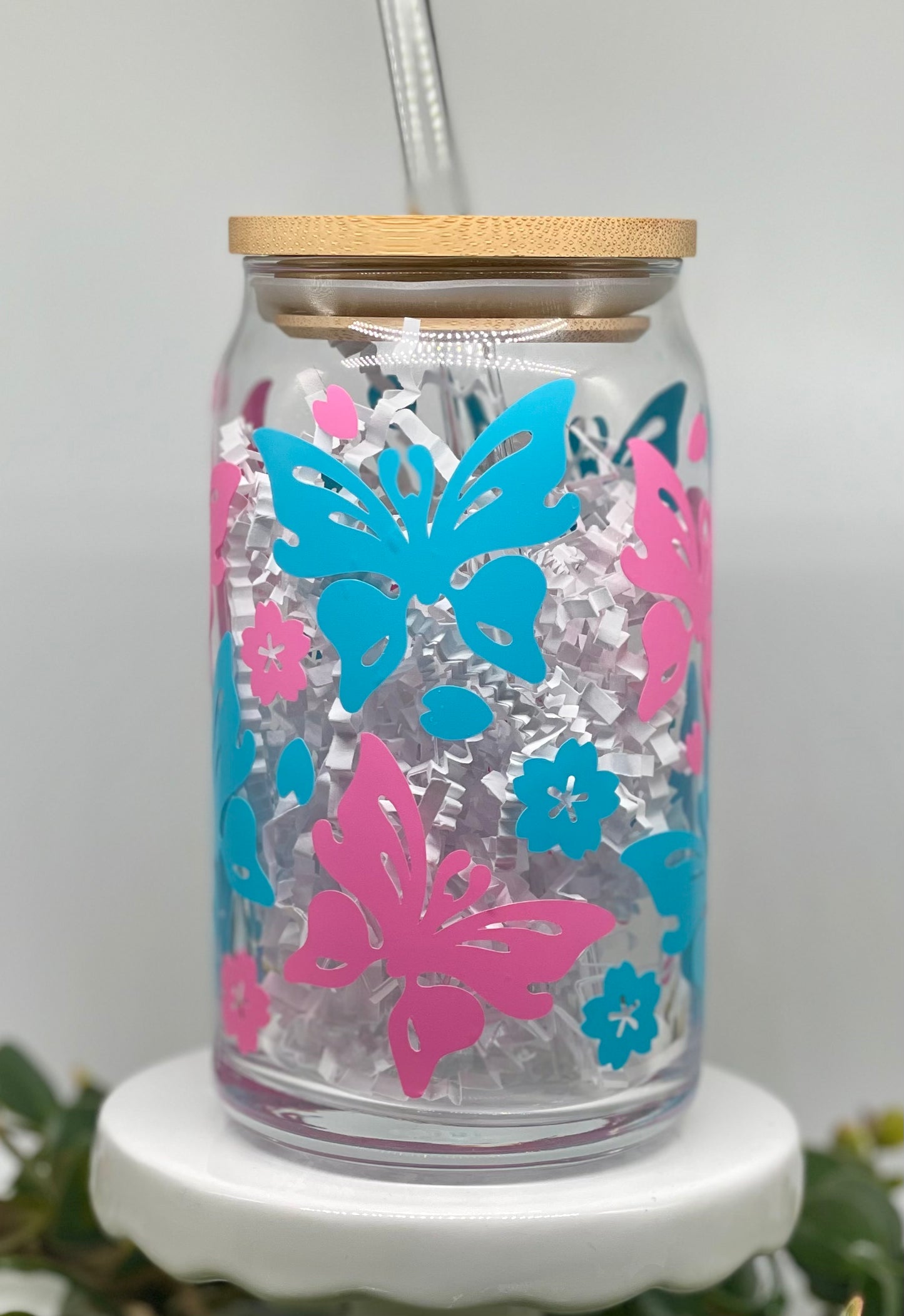 Pink & Blue Butterflies Glass Cup