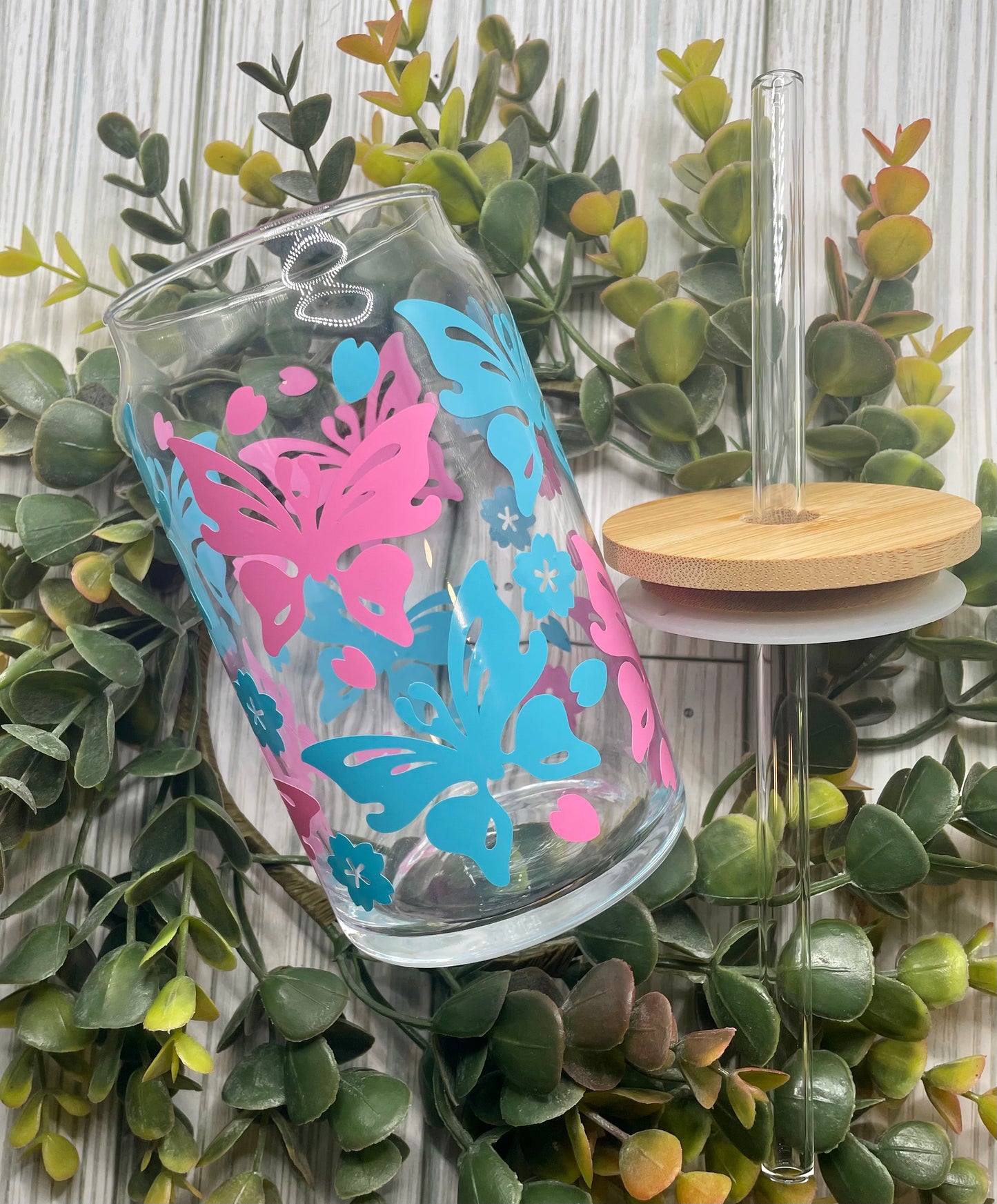 Pink & Blue Butterflies Glass Cup